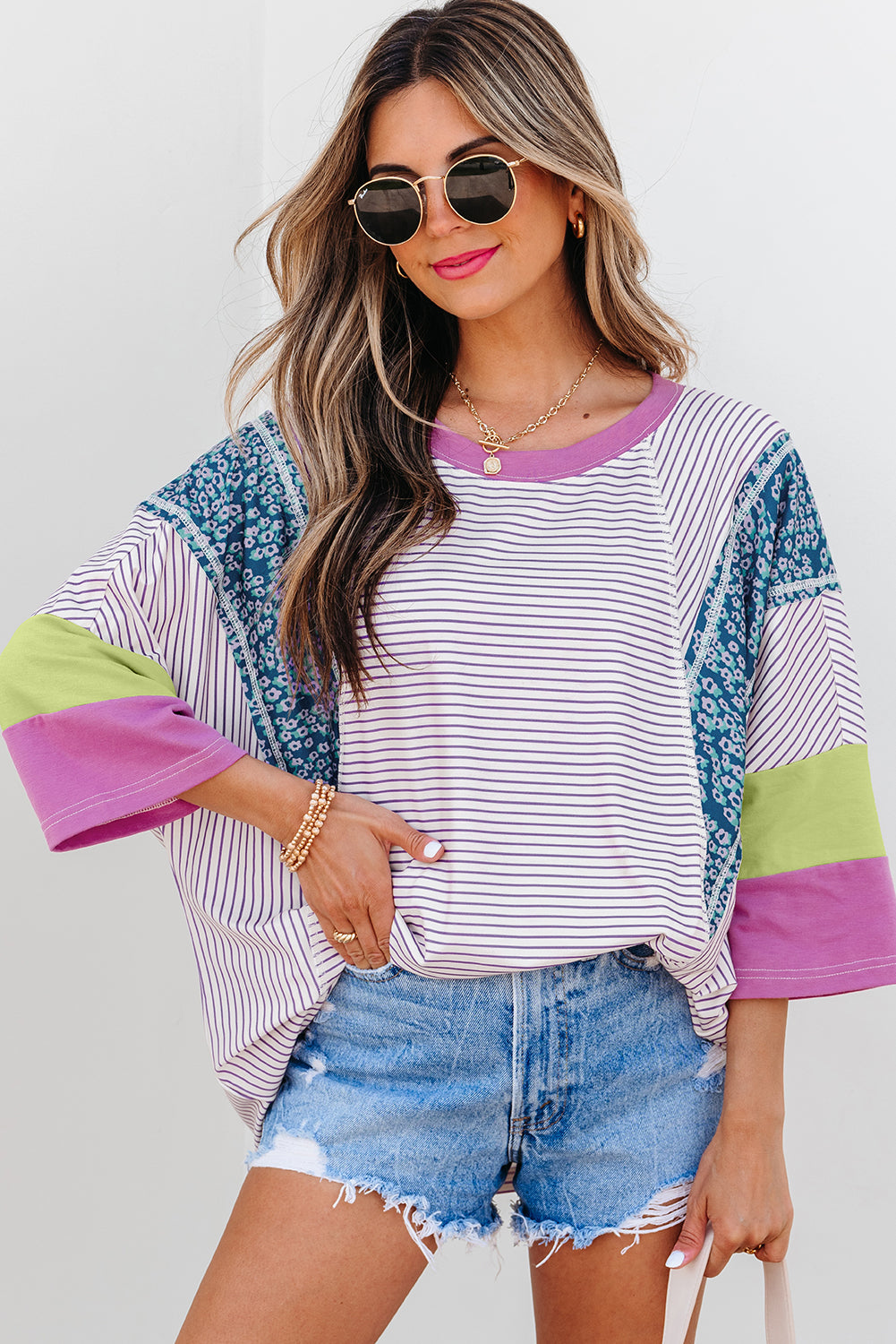 Purple Stripe Floral Color Block Raw Edge Patchwork Bracelet Sleeve Blouse
