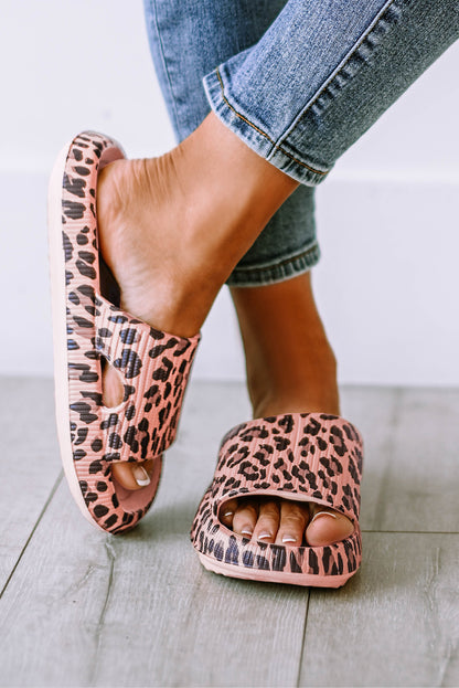 Pink Leopard Print Thick Sole Slip On Sandals