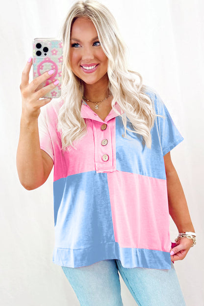 Myosotis Two Tone Half Buttons Collared T Shirt