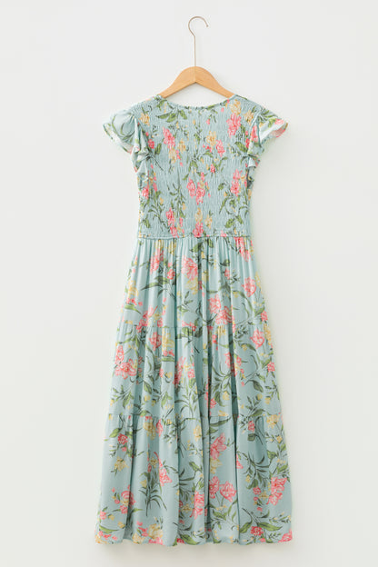 Smocked Bodice Ruffled Sleeveless Tiered Floral Maxi Dress