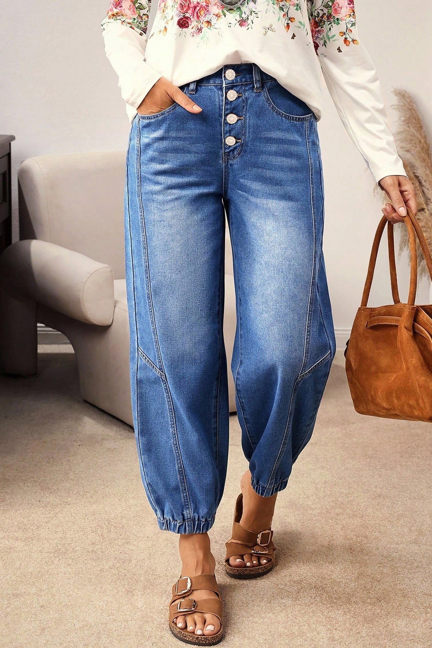 Blue Four Buttons Front Tapered Casual Loose Fit Jeans