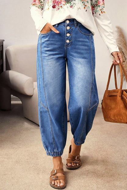 Blue Four Buttons Front Tapered Casual Loose Fit Jeans