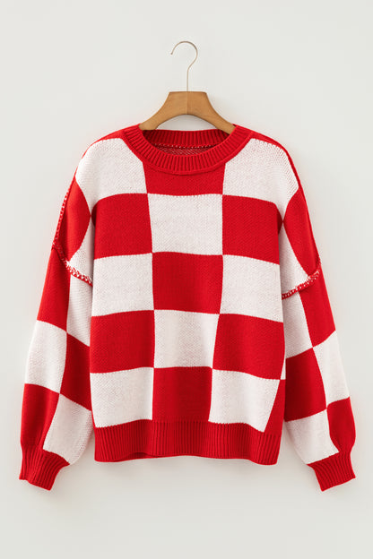 Pink Checkered Bishop Sleeve Sweater