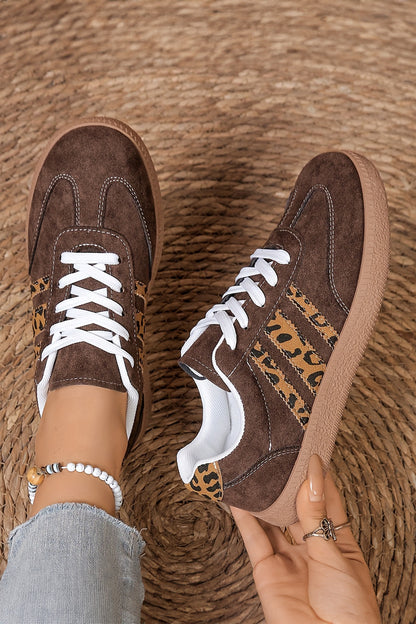 Coffee Contrast Lace Up Leopard Patchwork Detail Faux Suede Shoes