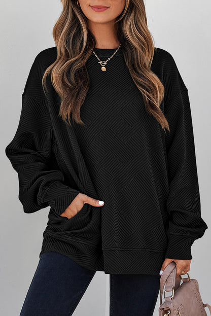 Coffee Solid Color Textured Round Neck Drop Shoulder Pullover Sweatshirt