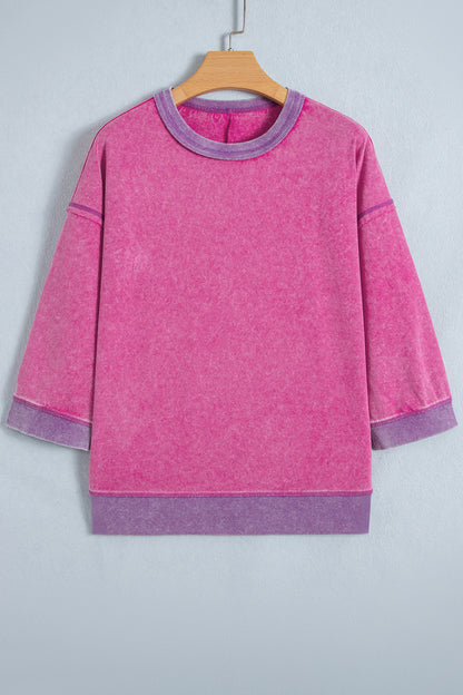 Strawberry Pink Mineral Wash Color Block Trim Bracelet Sleeve Pullover Top