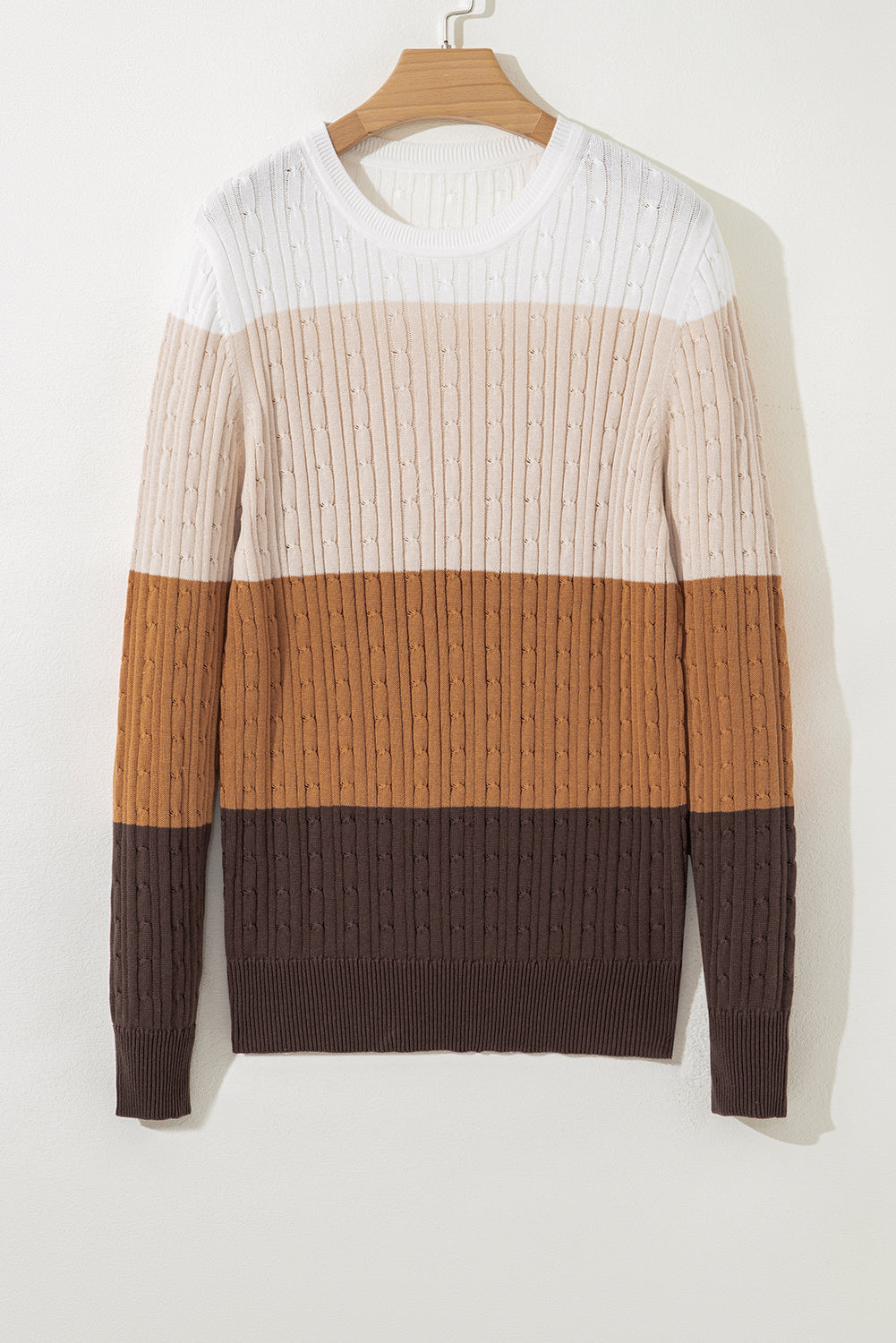 Khaki Colorblock Cable Knit Round Neck Sweater