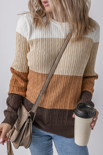 Khaki Colorblock Cable Knit Round Neck Sweater