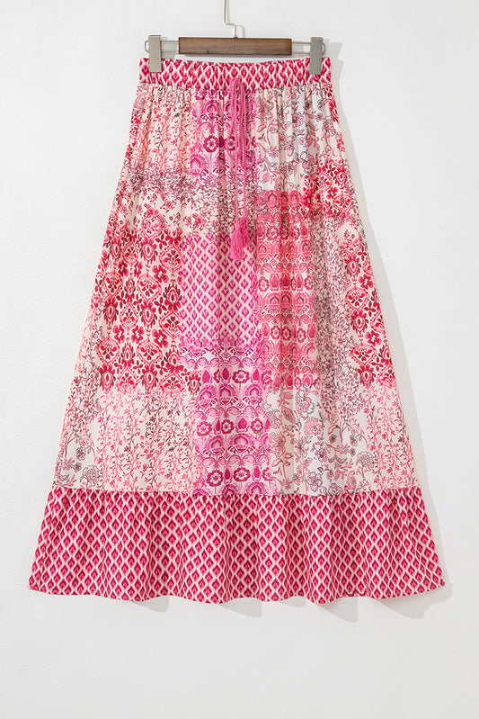 Red Boho Pattern Print Tassel Drawstring Elastic Waistband Maxi Skirt