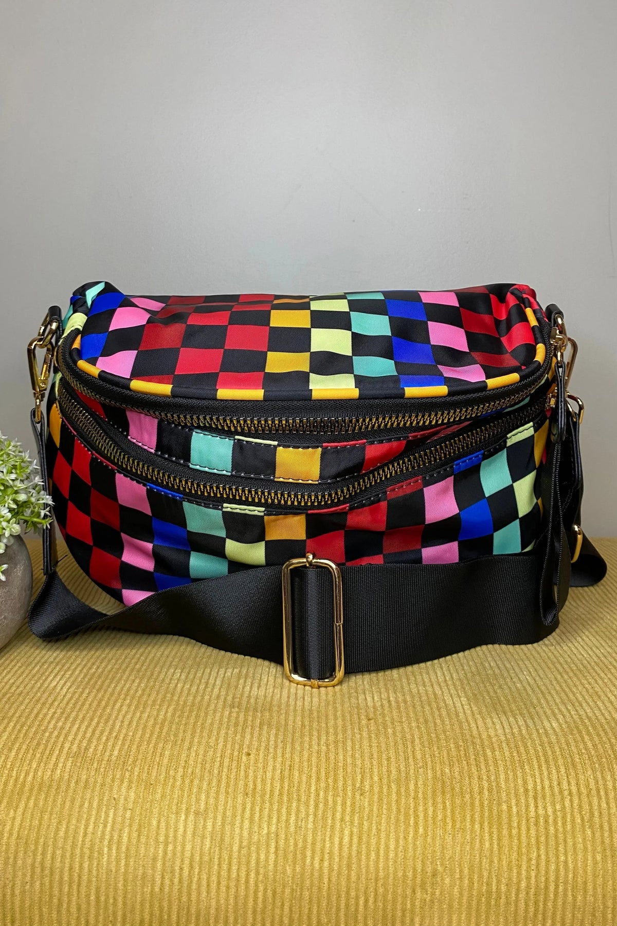 Fiery Red Pretty Checkerboard/ Strawberry Printed Canvas Double Zip Crossbody Bag