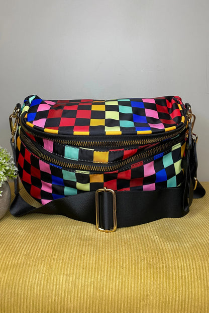 Fiery Red Pretty Checkerboard/ Strawberry Printed Canvas Double Zip Crossbody Bag
