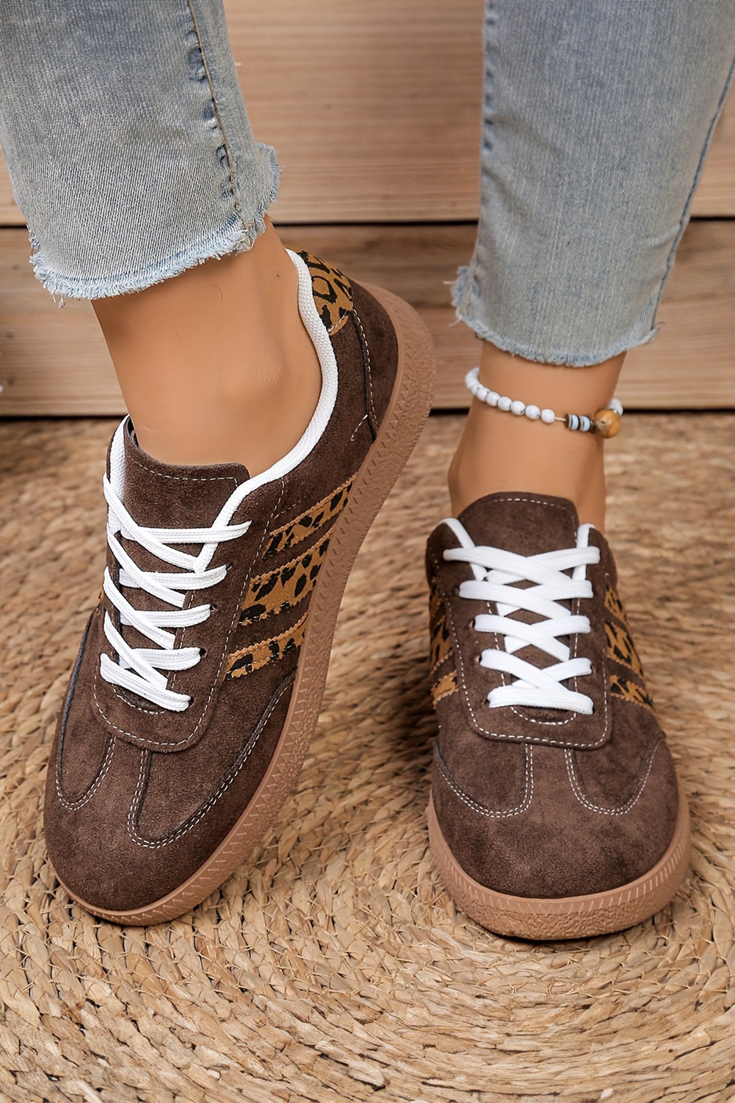 Coffee Contrast Lace Up Leopard Patchwork Detail Faux Suede Shoes