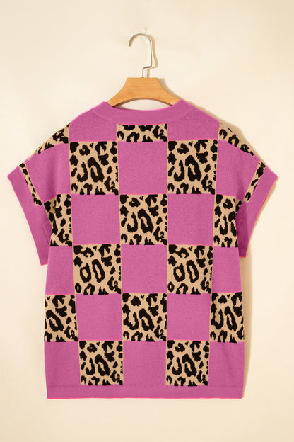 Rose Red Leopard Checkerboard Short Sleeve Knit Sweater
