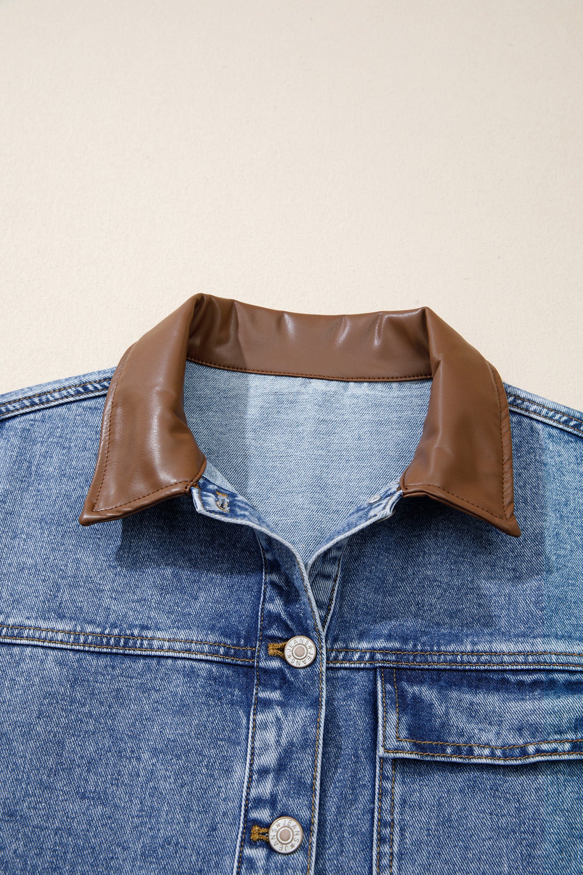 Sky Blue Patchwork Faux Leather Collar Long Sleeve Denim Jacket