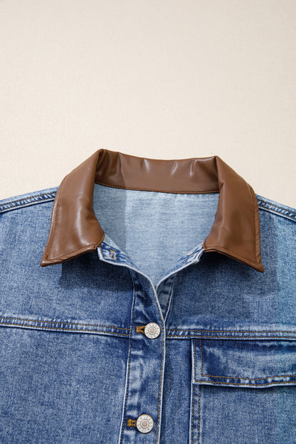Sky Blue Patchwork Faux Leather Collar Long Sleeve Denim Jacket