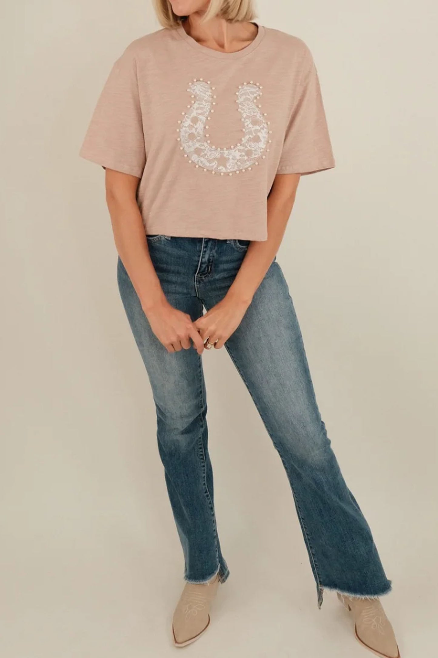 Smoke Gray Lace Pearled Decor Horse Shoe Graphic Western T Shirt
