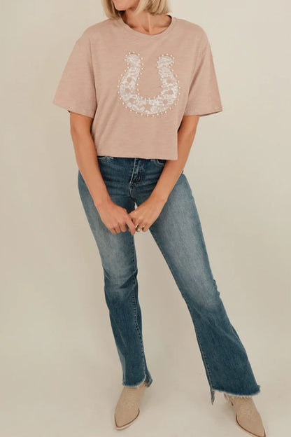 Smoke Gray Lace Pearled Decor Horse Shoe Graphic Western T Shirt