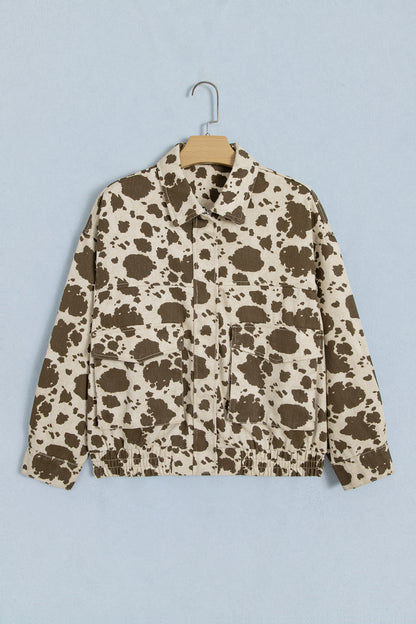Brown Western Cow Print Cargo Pocket Denim Jacket