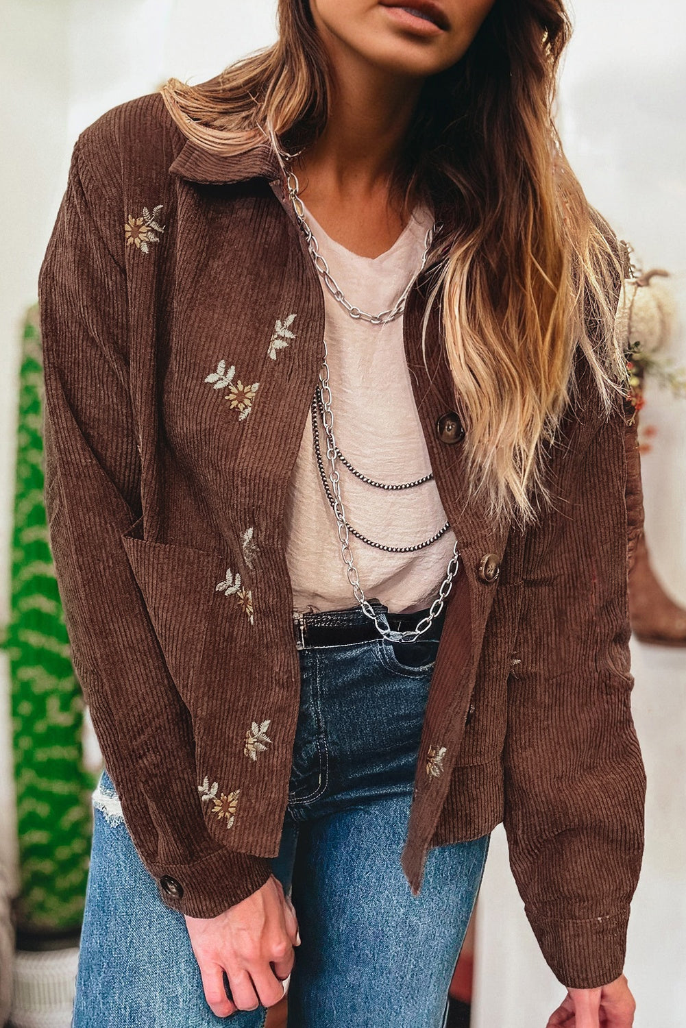 Coffee Floral Embroidered Collar Button Front Corduroy Jacket With Pocket