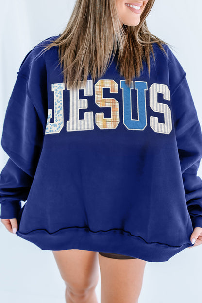 Bonbon WWJD Mixed Pattern Embroidered Patch Graphic Mock Neck Sweatshirt