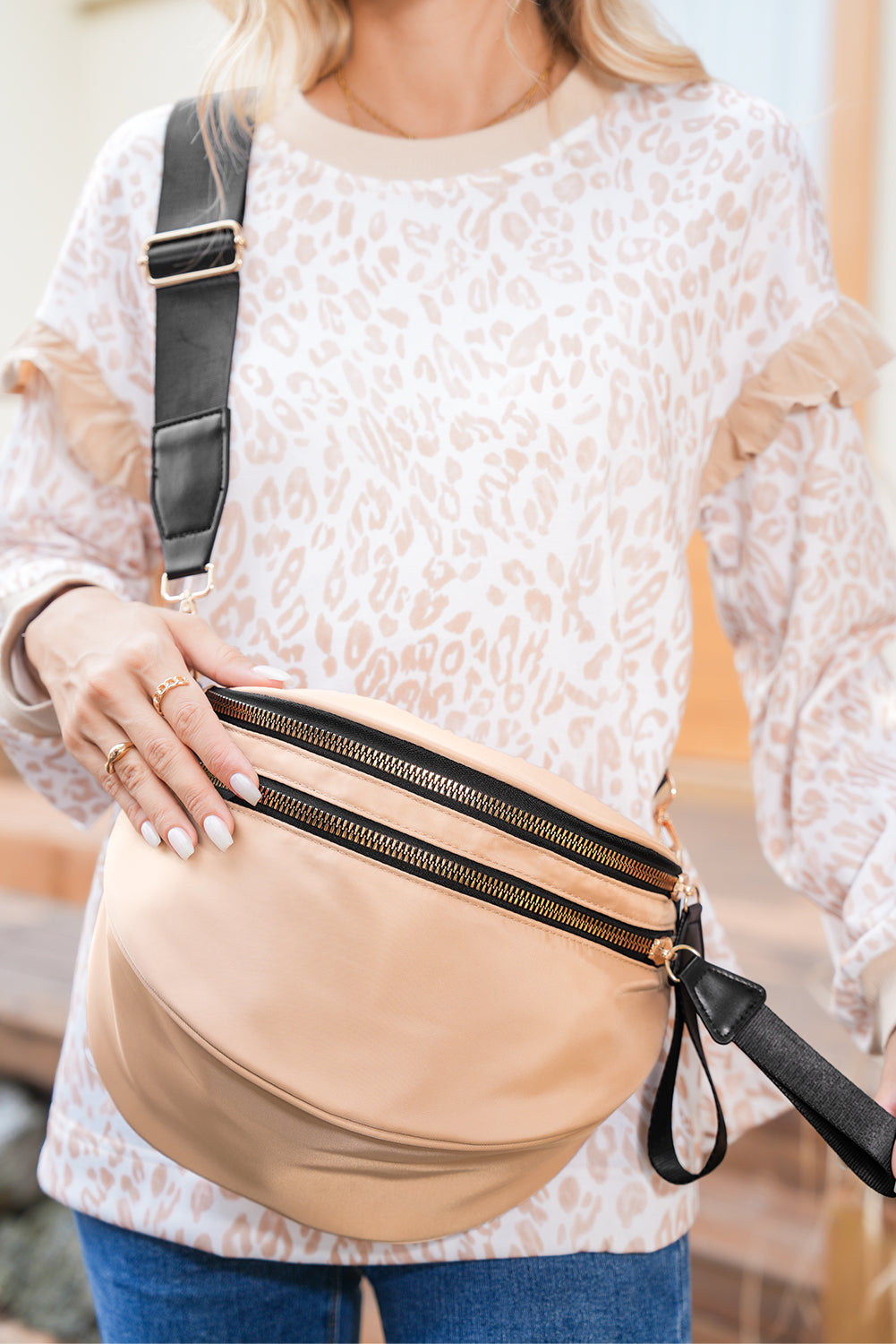 Pink Double Zip Crescent Shape Adjustable Sling Bag