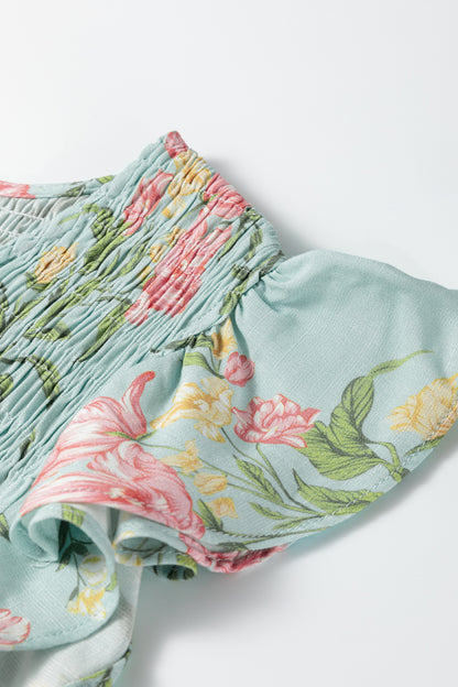 Smocked Bodice Ruffled Sleeveless Tiered Floral Maxi Dress