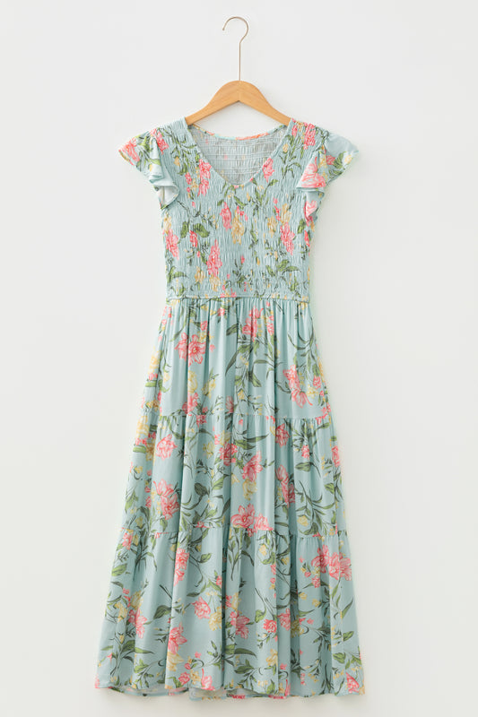 Smocked Bodice Ruffled Sleeveless Tiered Floral Maxi Dress