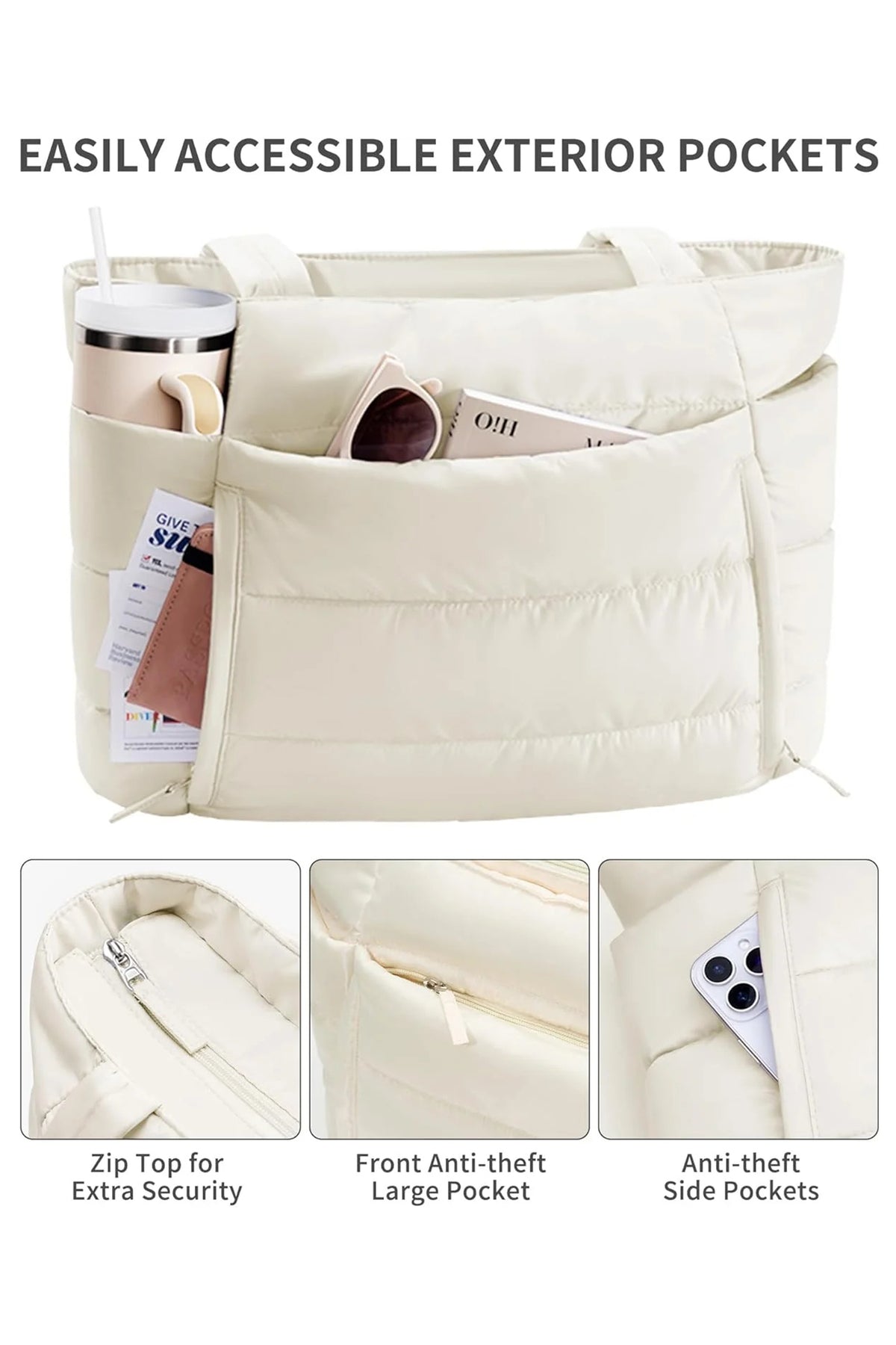 White Solid Color Puffy Quilted Large Tote Bag
