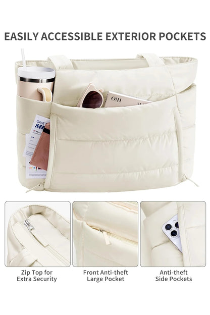 White Solid Color Puffy Quilted Large Tote Bag