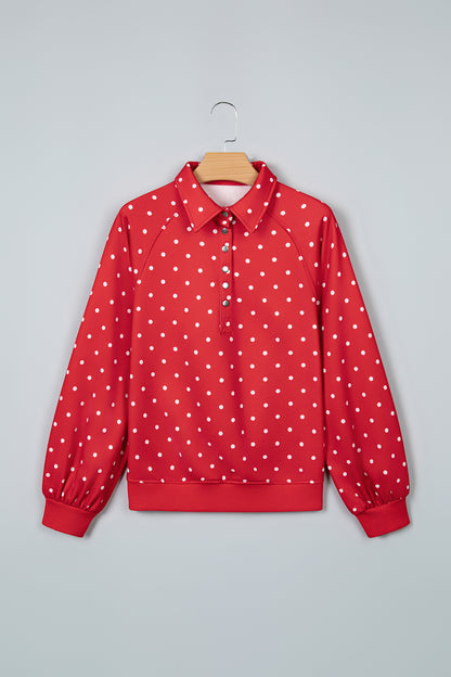 Red Polka Dot Print Metal Button Collar Casual Pullover Sweatshirt