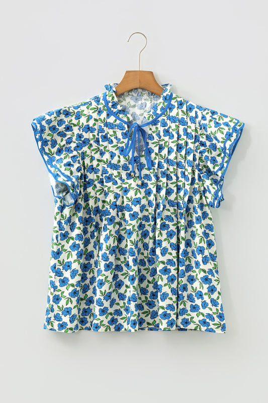 Sky Blue Tiered Flutter Sleeve Pleated Flower Blouse