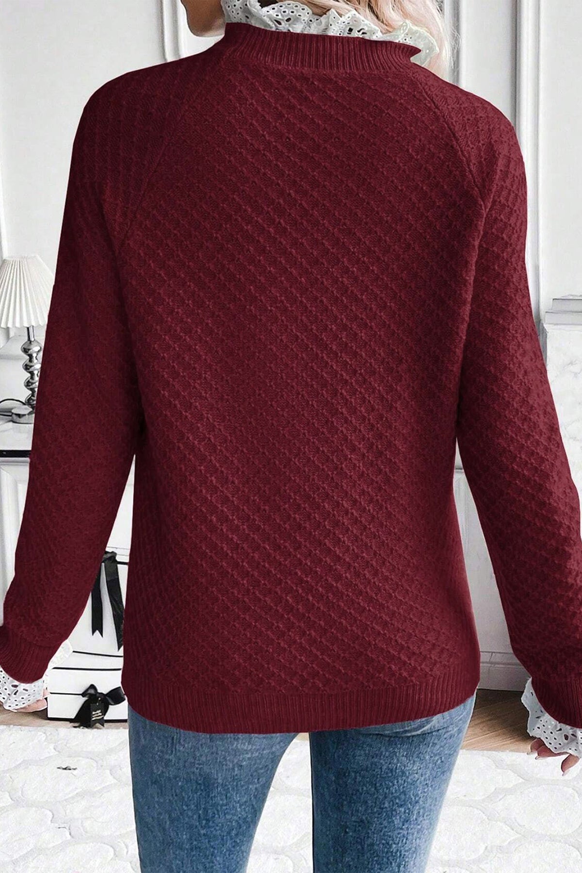 Burgundy Contrast Lace Frilled Trim Raglan Sleeve Sweater