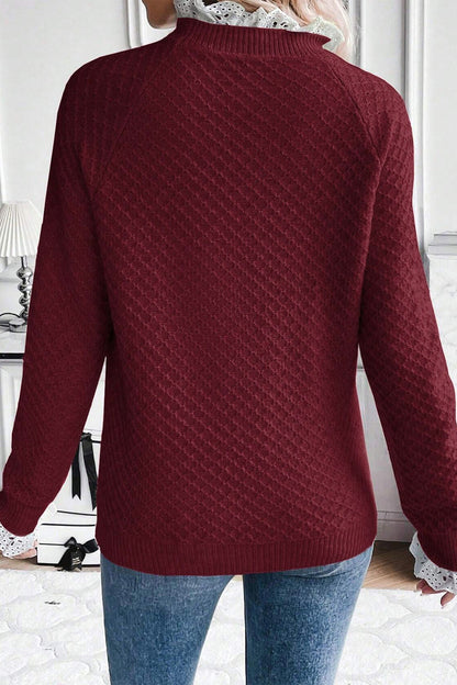 Burgundy Contrast Lace Frilled Trim Raglan Sleeve Sweater