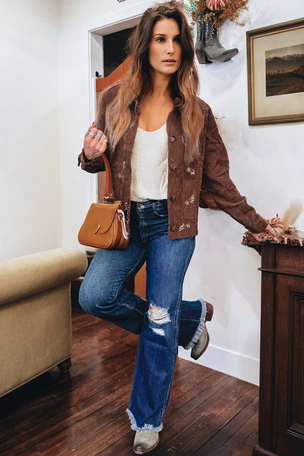 Coffee Floral Embroidered Collar Button Front Corduroy Jacket With Pocket