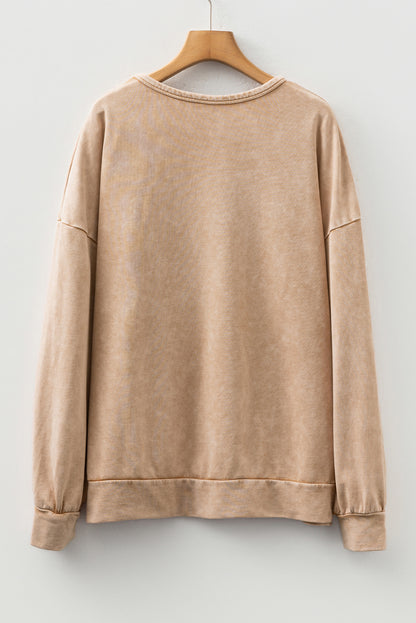 Light French Beige Mineral Wash Big Bow Patchwork Pullover Sweatshirt