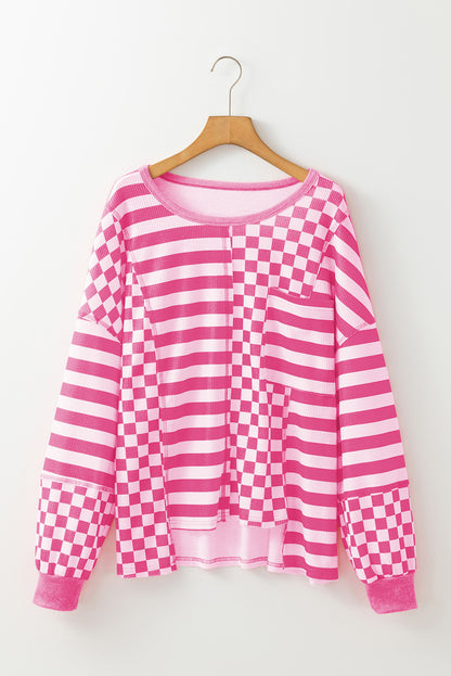 Rose Red Checkerboard Striped Patchwork Lantern Sleeve Pocketed Blouse