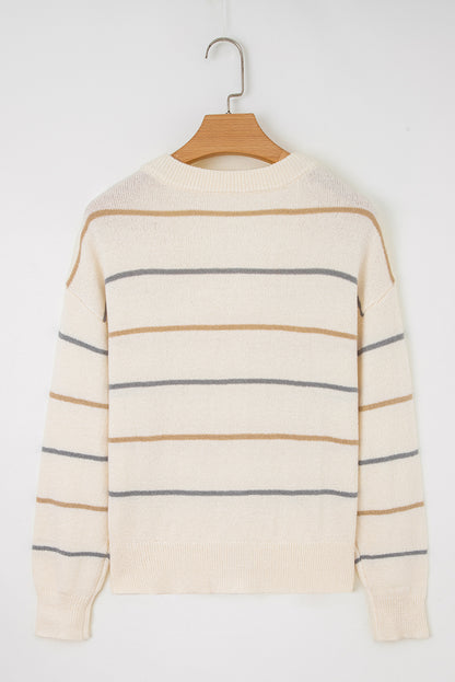 Multicolour Striped Buttoned Front V Neck Drop Shoulder Cardigan Sweater