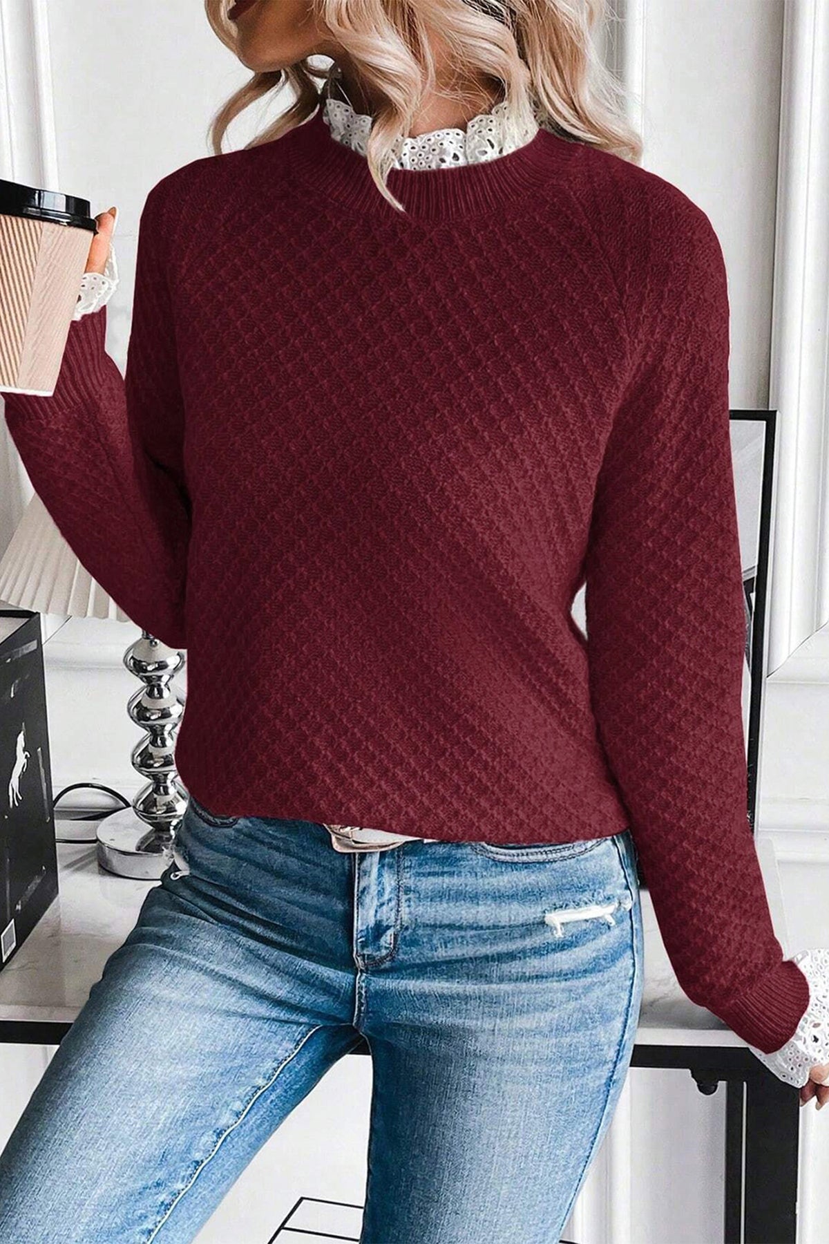 Burgundy Contrast Lace Frilled Trim Raglan Sleeve Sweater