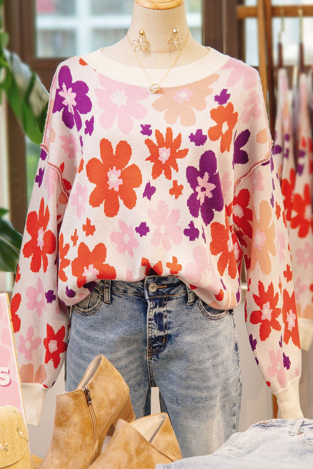 Khaki Fall Floral Pattern Drop Shoulder Sweater