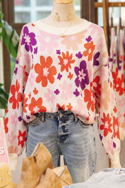 Khaki Fall Floral Pattern Drop Shoulder Sweater