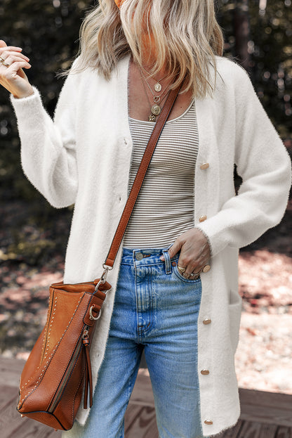 White Fuzzy Buttoned Front Midi Solid Cardigan