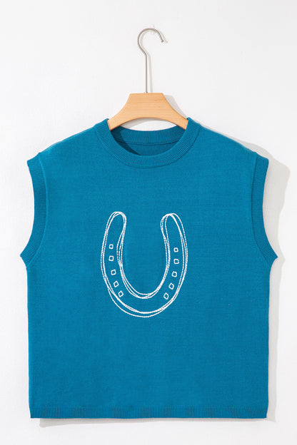 Light Blue Horse Shoe Embroidered Loose Short Sleeve Sweater