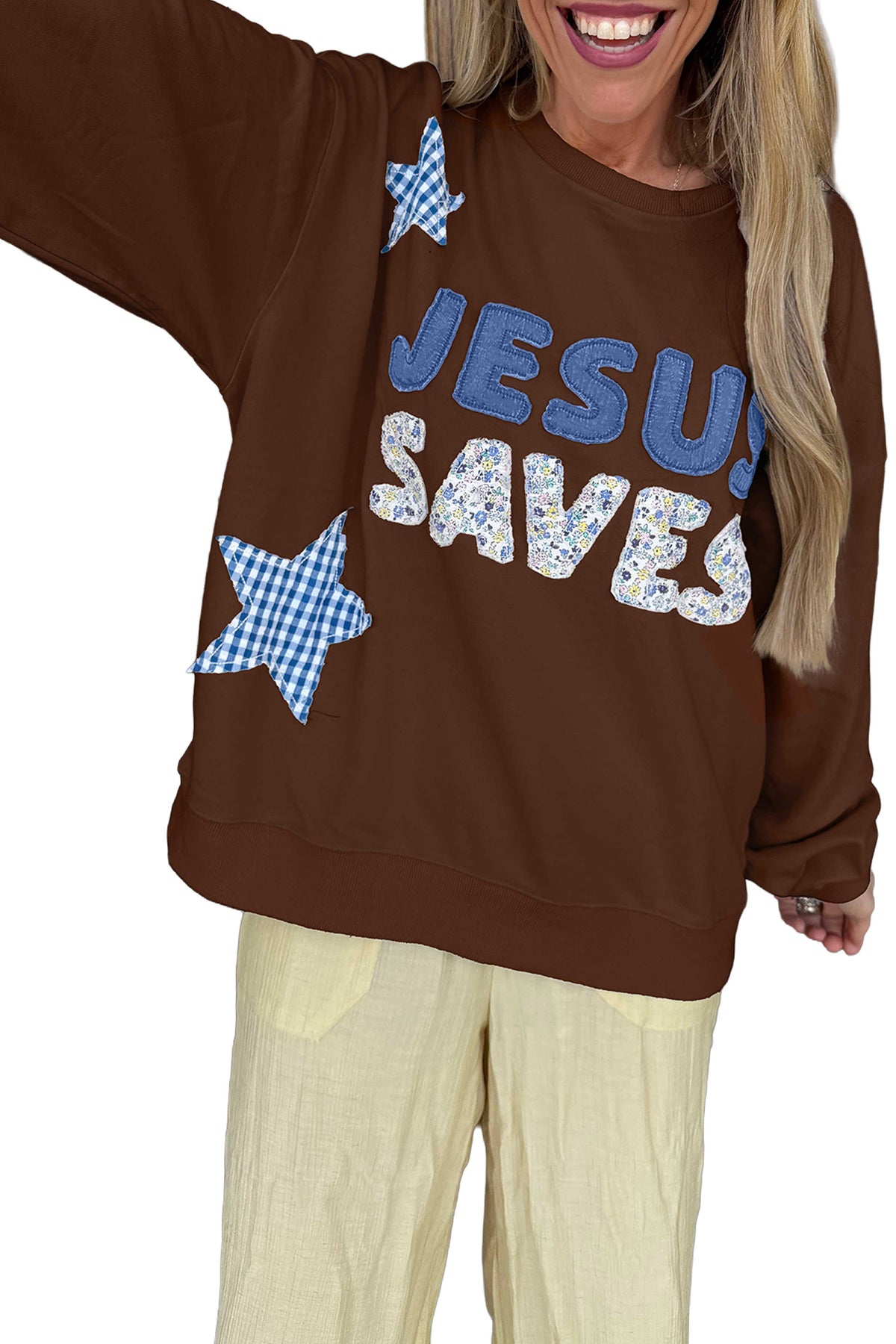 Pink Patchwork Stars Plaid Unique Floral Letters Baggy Sweatshirt