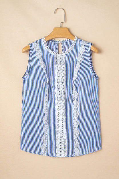 Sky Blue Stripe Lace Patchwork Crew Neck Tank Top