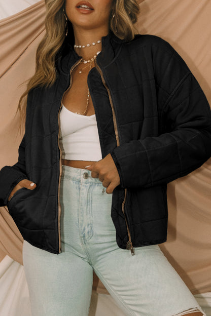 Green Zip-Up Pocket Quilted Jacket