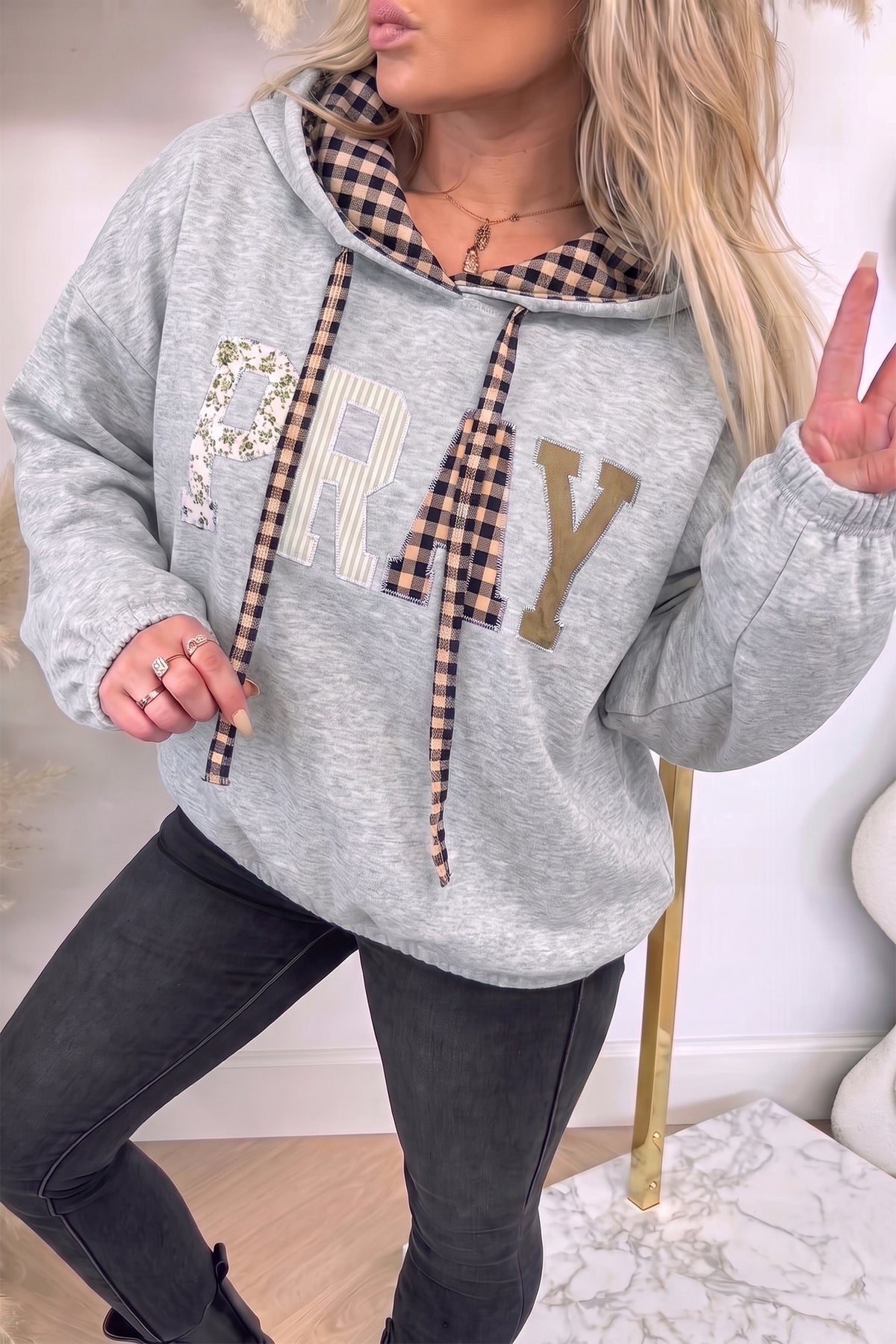 Chicory Coffee PRAY Mix Pattern Letter Graphic Plaid Contrast Drawstring Hoodie