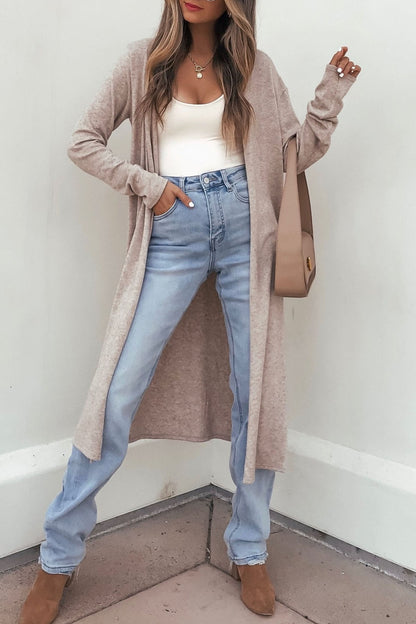 Dirty blue Solid Color Long Sleeve Casual Tunic Shift Cardigan