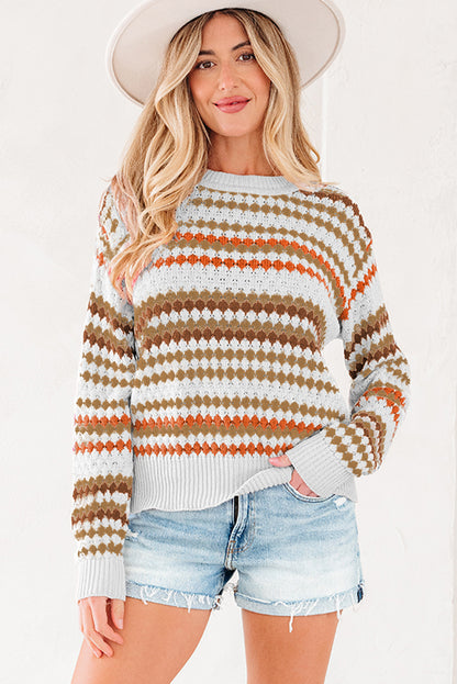 Khaki Stripe Eyelet Patterned Drop Shoulder Sweater