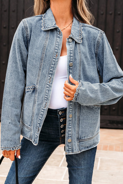 Myosotis Scallop Trim Collar Patched Pocket Button Up Mineral Washed Denim Jacket
