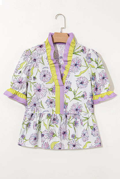 Purple Floral Print Striped Detail Split Neck Flounce Short Sleeve Peplum Blouse